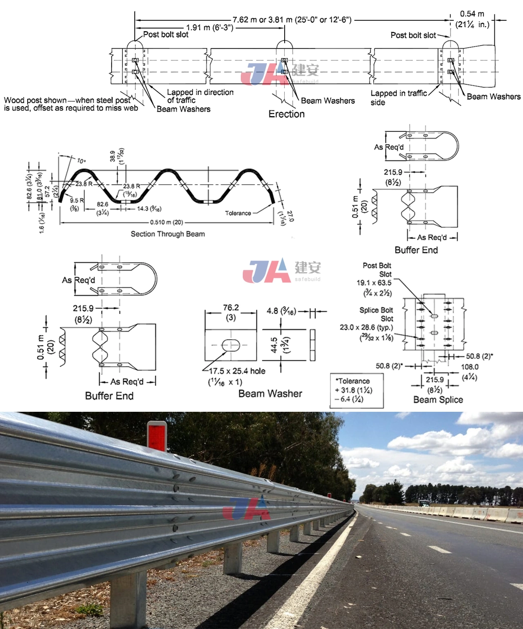 Aashto M180 Q235 Q345 Steel Beam Highway Guardrail Powder Zinc Coated Traffic Barrier